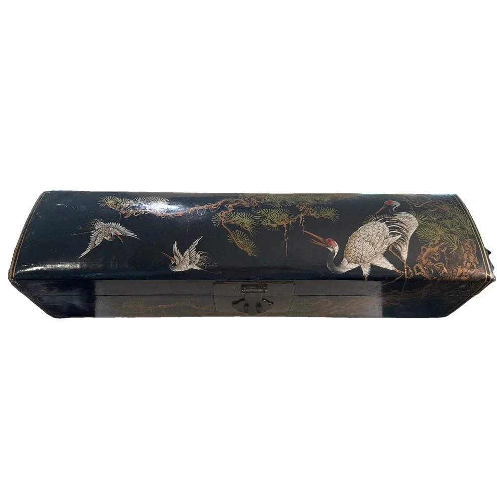 1990s Chinese Chinoiserie Tole Painted Domed Scroll Letter Keepsake Lock Box 23
